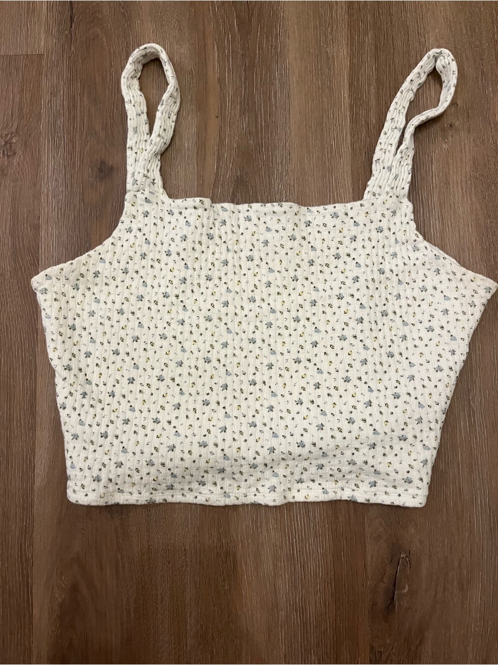 100% Cotton American Eagle Outfitters Cream Ribbed Floral Crop Tank